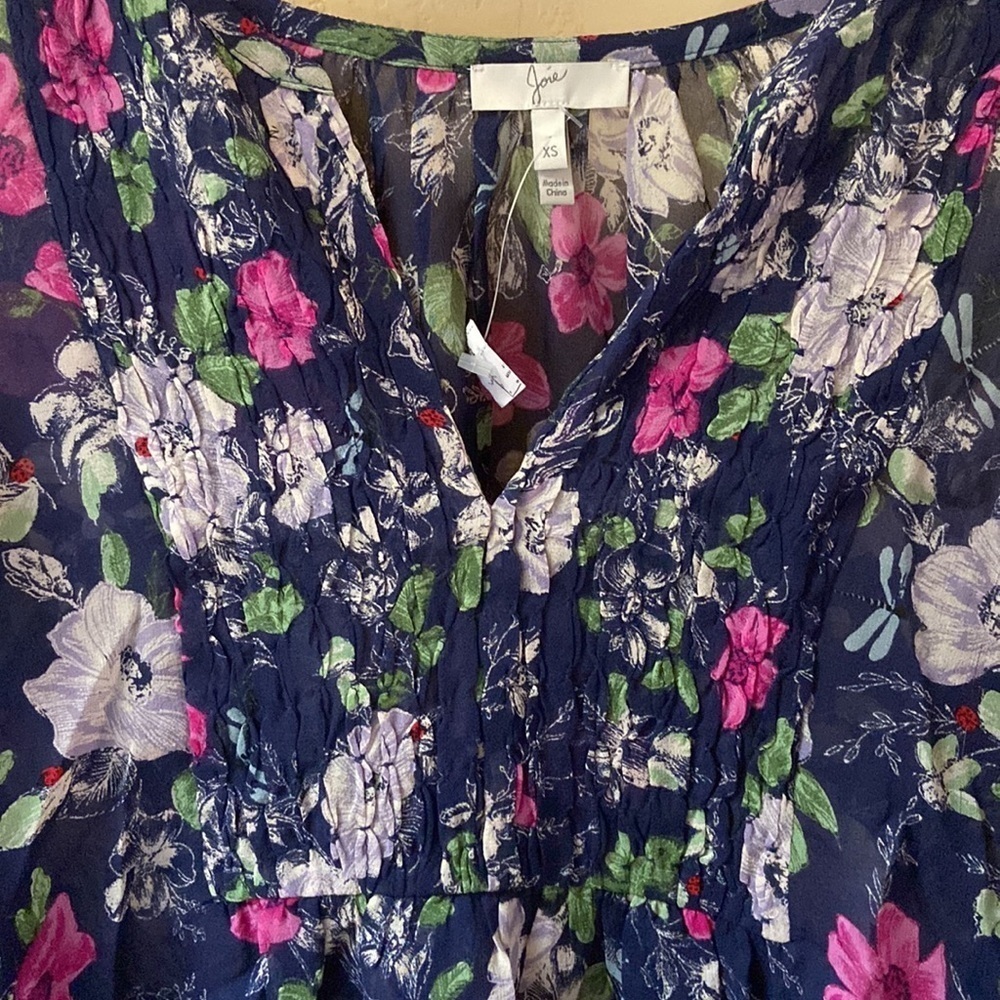 NWT Sz XS Joie Navy Fuchsia & Green Floral Print 100% Silk Gathered Neckline - Picture 4 of 6